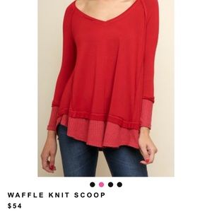 Umgee Red Longsleeve waffle knit scoop tunic